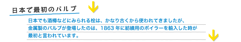 日本で最初のバルブ　日本でも酒樽などにみられる栓は、かなり古くから使われてきましたが、金属製のバルブが登場したのは、1863年に紡績用のボイラーを輸入した時が最初と言われています。