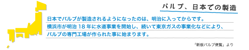 バルブ、日本での製造　日本でバルブが製造されるようになったのは、明治に入ってからです。横浜市が明治18年に水道事業を開始し、続いて東京ガスの事業化などにより、バルブの専門工場が作られた事に始まります。